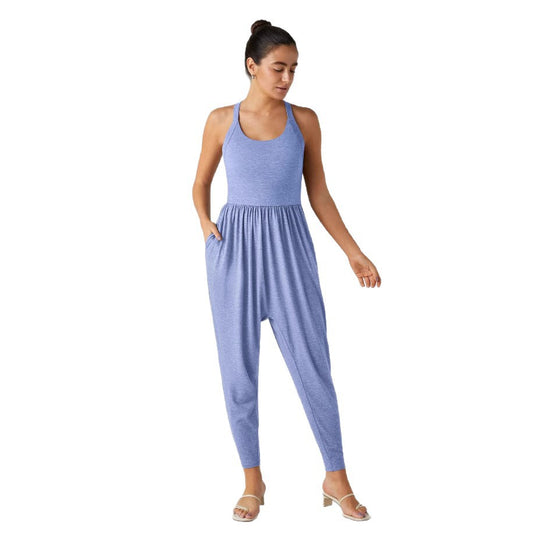 Damen nan lässiger Jersey-Overall mit Racerback, smockierter Taille und seitlichen Eingrifftaschen EB