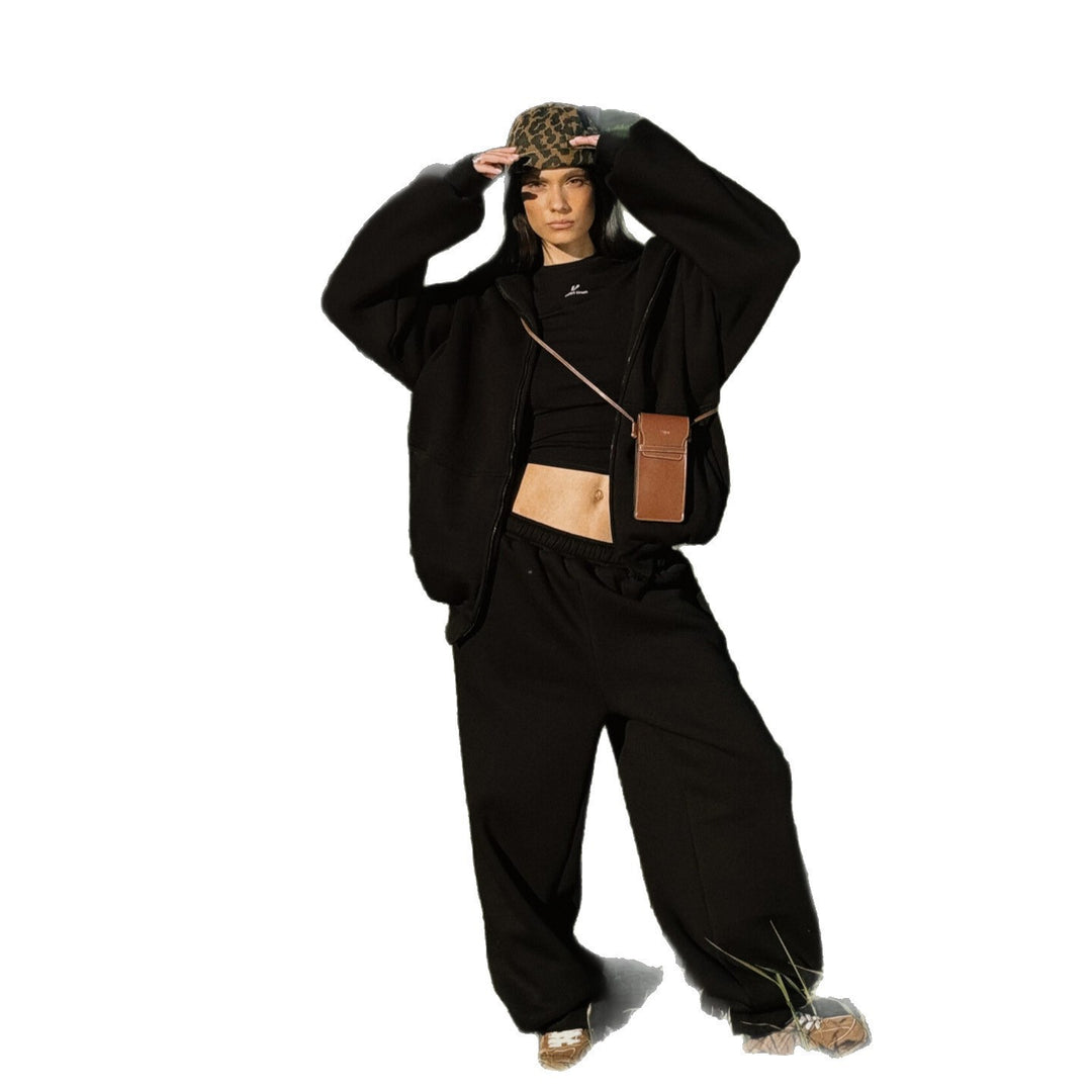 Damen Komfort-Kapuzen-Zipjacke mit verdecktem Reißverschluss, Kängurutasche und gerader Sweat-Hose EB