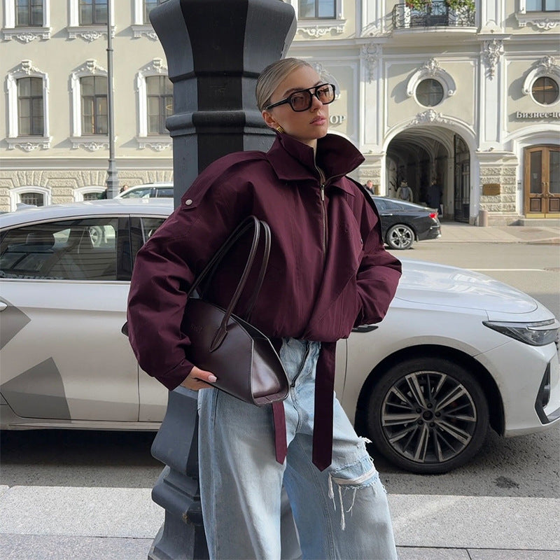 Damen Modische Übergangsjacke mit hohem Kragen und Taillengürtel EB