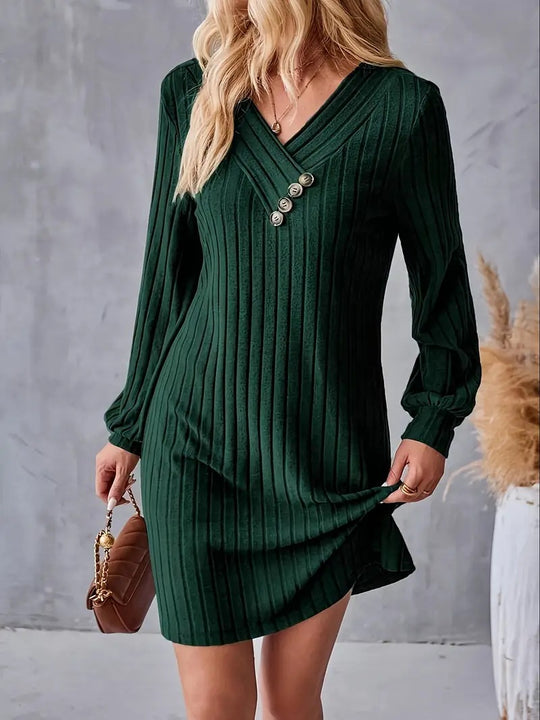 Damen Röhrenkleid mit elegantem V-Ausschnitt und dekorativen Knöpfen EB