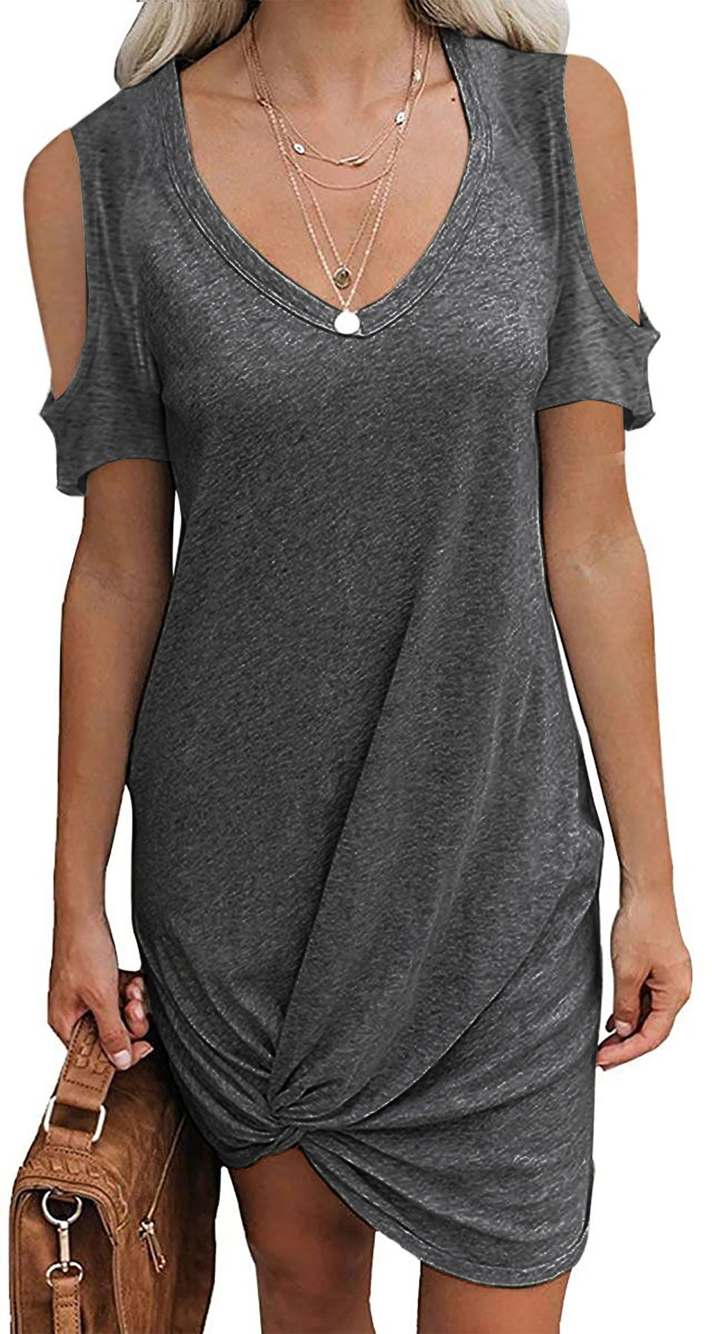 Damen V-Ausschnitt Minikleid mit offenem Schulterdesign und raffinierten Knotendetails EB