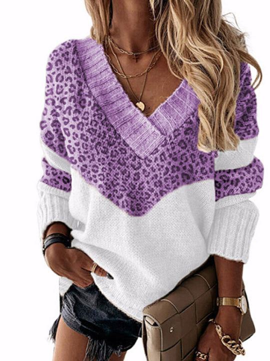 Damen modischer Pullover mit außergewöhnlichem Leopardenmuster und V-Ausschnitt EB