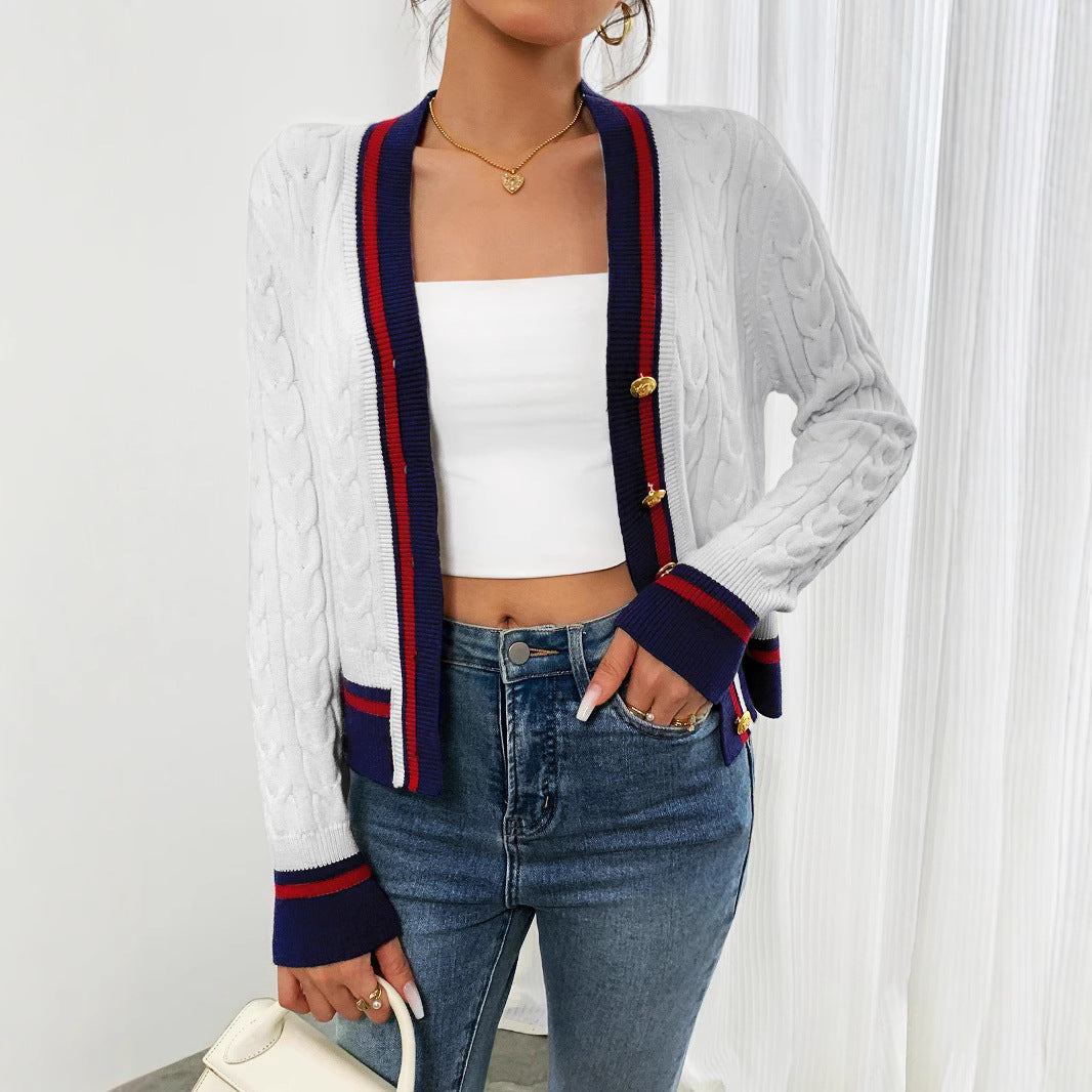 Damen modische Strickjacke mit strukturiertem Zopfdesign und Kontrastbündchen EB