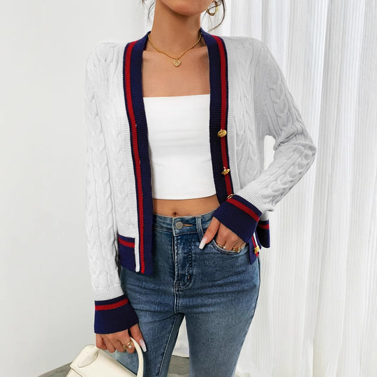 Damen modische Strickjacke mit strukturiertem Zopfdesign und Kontrastbündchen EB