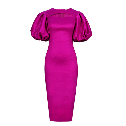 Damen figurbetontes Kleid mit Puffärmeln und Schlüssel-Ausschnitt EB