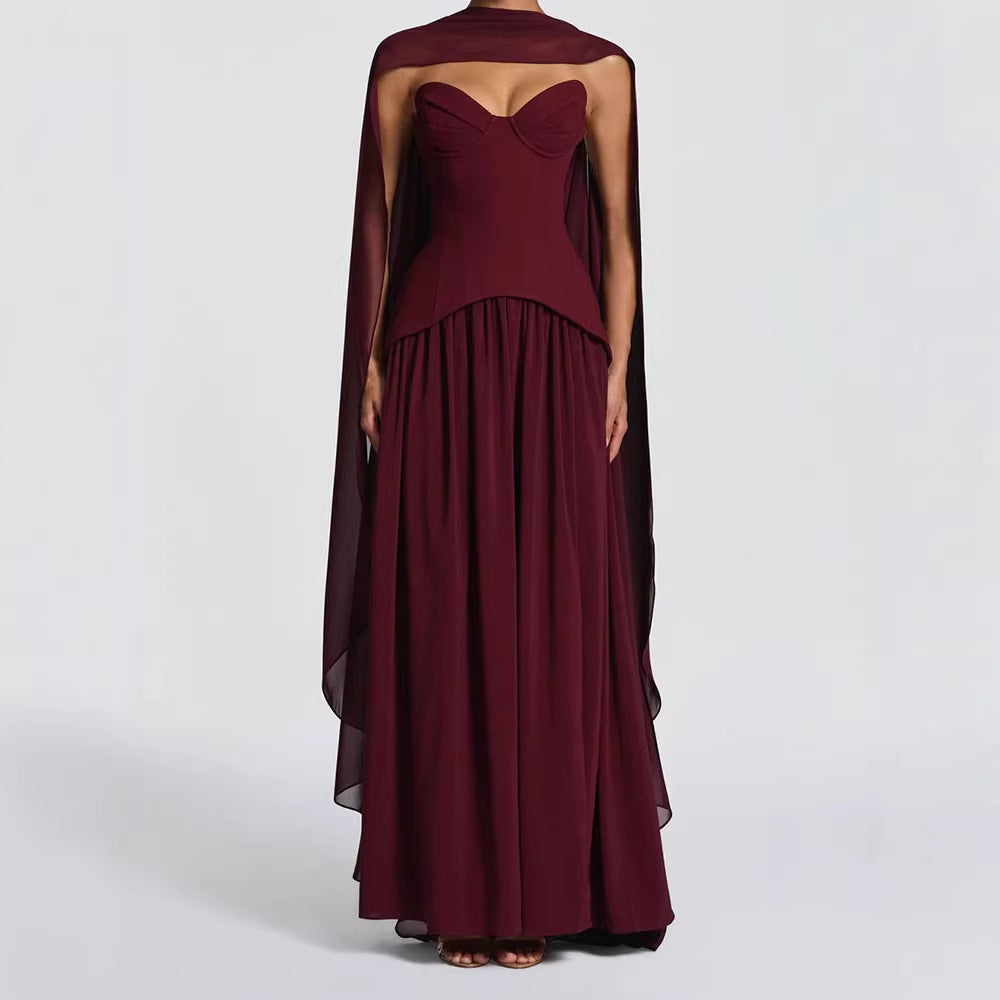 Damen Elegantes Maxikleid mit Abnehmbarem Cape EB