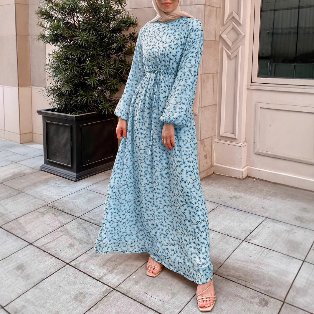 Damen Geblümtes Maxikleid mit Kordel-Taille und Ballonärmeln EB