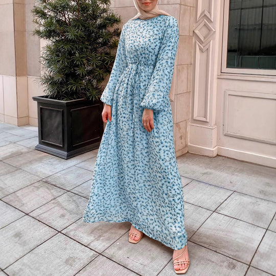 Damen Geblümtes Maxikleid mit Kordel-Taille und Ballonärmeln EB