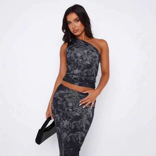 Damen figurbetontes Set mit asymmetrischem Oberteil und schmalem Rock EB