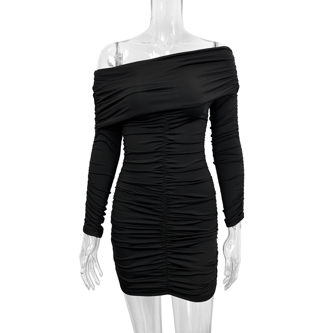 Damen Figurbetontes Off-Shoulder Kleid mit Raffung und langen Ärmeln EB