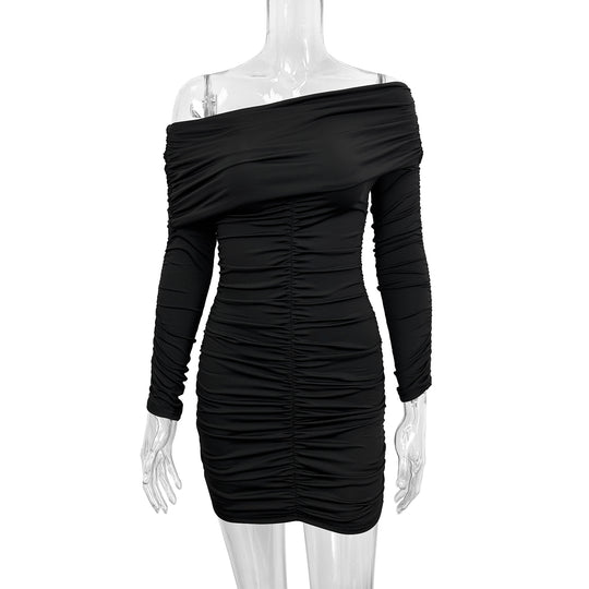 Damen Figurbetontes Off-Shoulder Kleid mit Raffung und langen Ärmeln EB