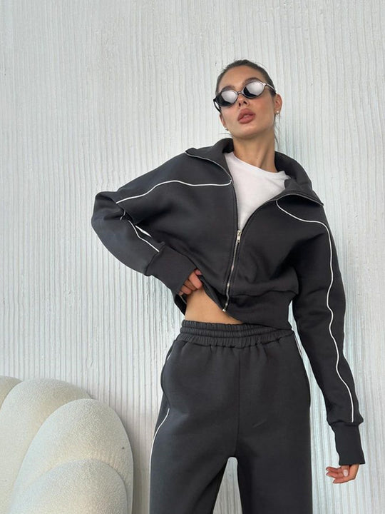 Damen nan zweiteiliges Sport-Loungewear-Set mit Stehkragen und Kontrastpaspel EB