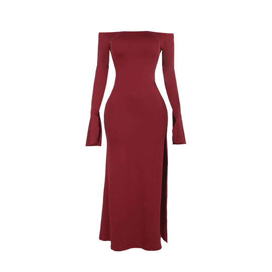 Damen figurbetontes schulterfreies Maxikleid mit elegantem Schlitz EB