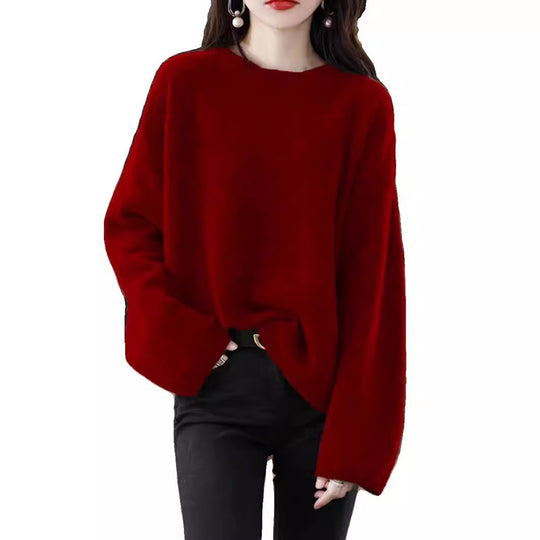 Damen weicher Strickpullover mit weitem Schnitt und legerem V-Ausschnitt EB