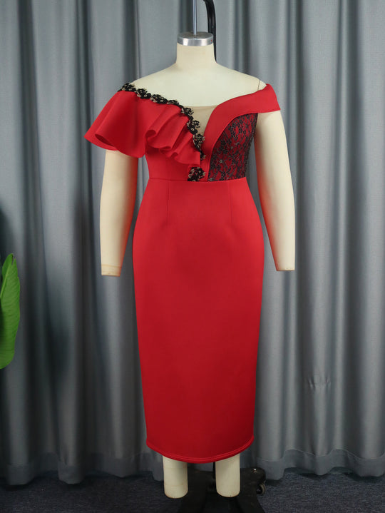 Damen elegantes Kleid mit asymmetrischem Schnitt und floralen Akzenten EB