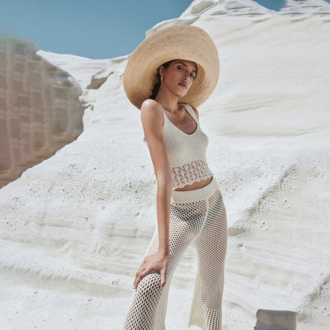 Damen luftiges Cropped-Häkeloberteil und Hochtaillierte Netzhose EB