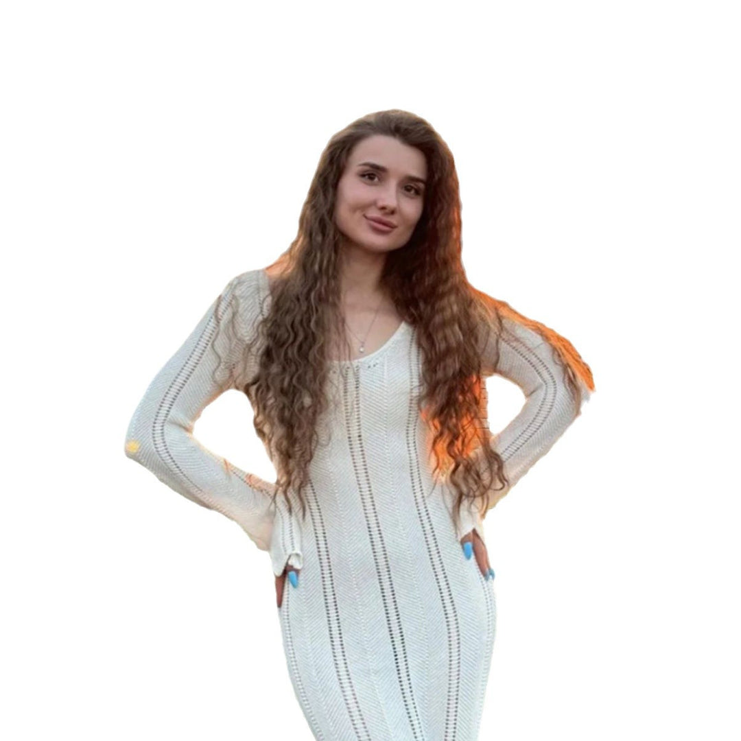 Damen Strickmaxikleid mit raffiniertem Lochmuster und tiefem V-Ausschnitt EB