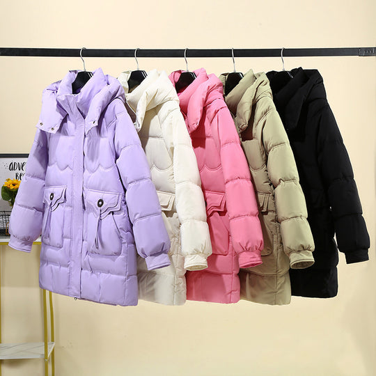 Damen Lange Pufferjacke mit praktischem Kapuzenkragen und großen Taschen EB