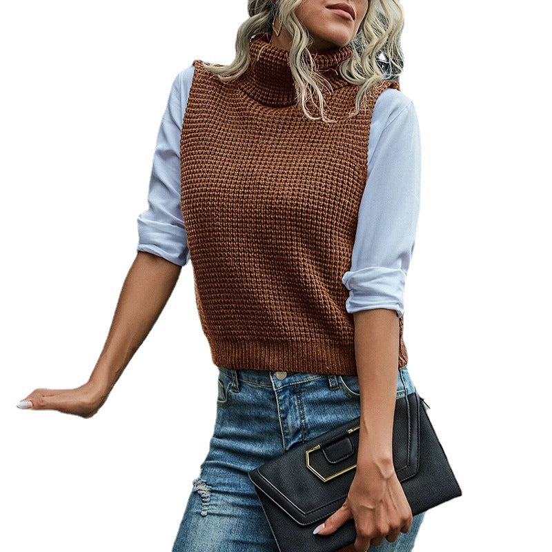 Damen Grobstrick-Westenpulli mit hohem Kragen und raffiniertem Strukturmuster EB