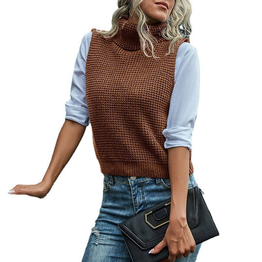 Damen Grobstrick-Westenpulli mit hohem Kragen und raffiniertem Strukturmuster EB