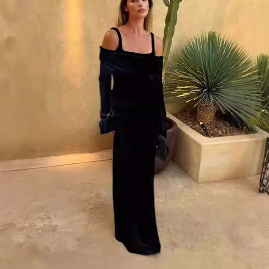 Damen Elegantes Maxikleid mit schulterfreiem Design und Raffungen EB