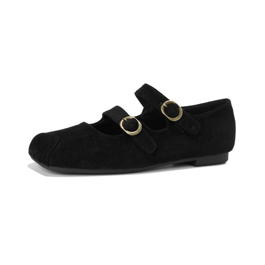 Damen Ballerinas mit doppeltem Schnallenverschluss und weichem Nubukleder EB