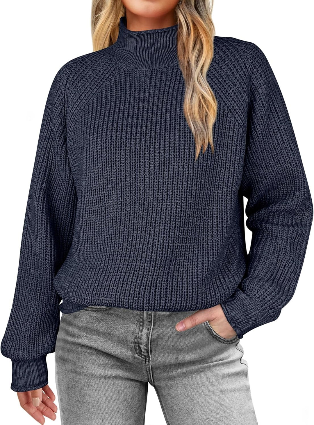 Damen modischer Strickpullover mit hohem Kragen und strukturierter Oberfläche EB