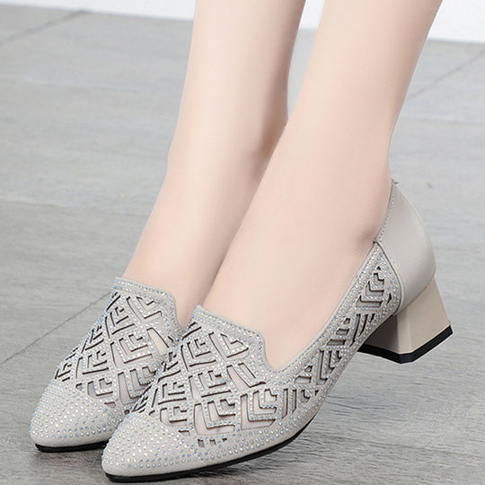Damen Elegante Slipper mit modischem Perlenmuster und komfortablem Blockabsatz EB