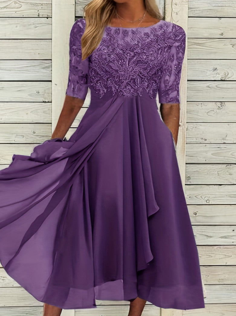 Damen nan V-Ausschnitt Chiffon-Midikleid mit besticktem Bustier, transparenten dreiviertel-Ärmeln und asymmetrischem Lagenrock EB