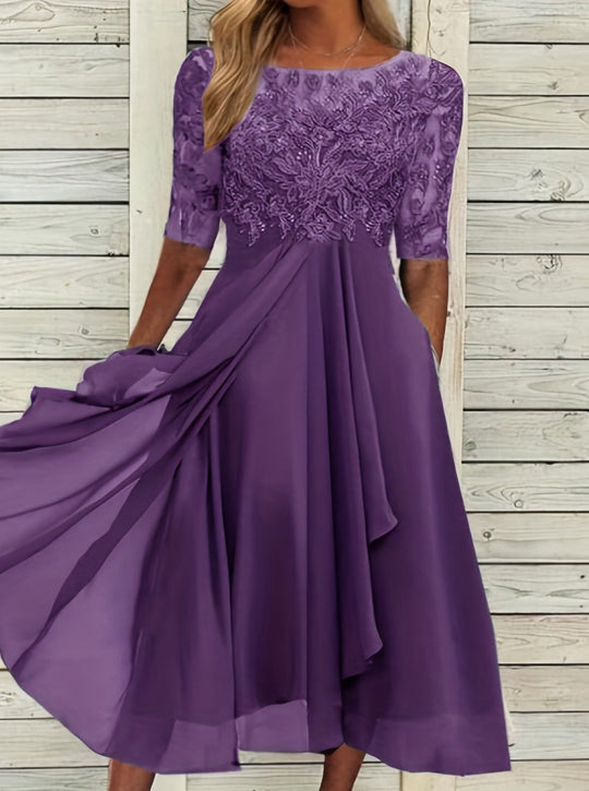 Damen nan V-Ausschnitt Chiffon-Midikleid mit besticktem Bustier, transparenten dreiviertel-Ärmeln und asymmetrischem Lagenrock EB