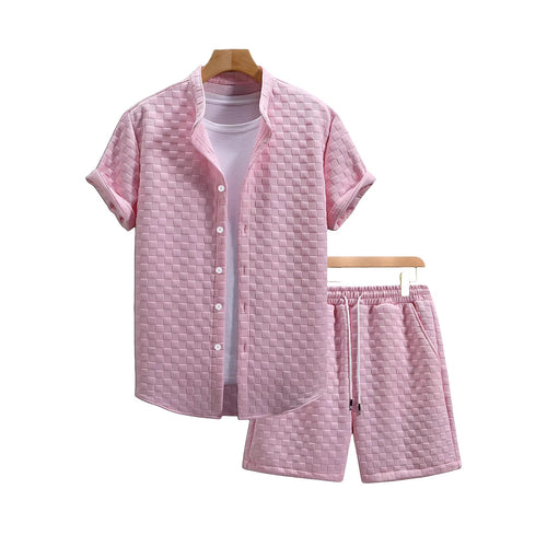 Herren nan zweiteiliges Sommerensemble mit Stehkragen-Hemdjacke und elastischen Komfort-Shorts in geprägter Karo-Textur EB