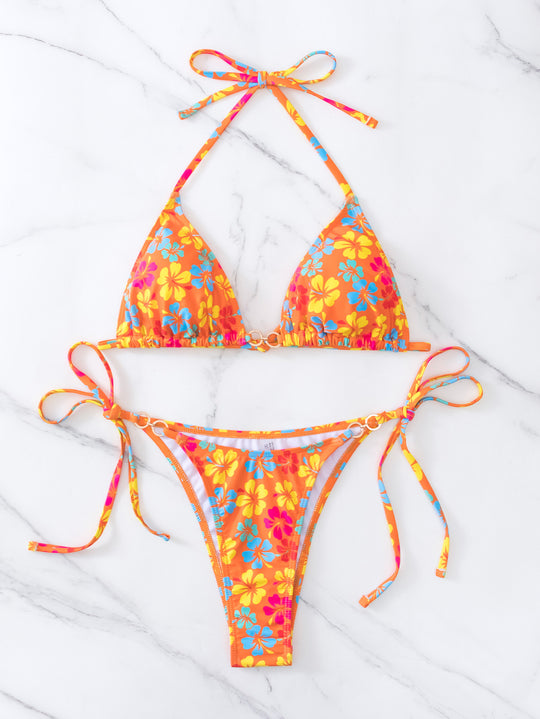 Damen Triangel-Bikini mit floralem Print und verstellbaren Schnüren EB