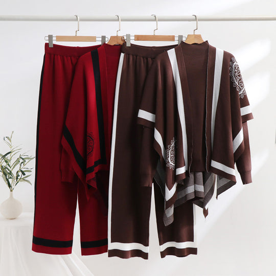 Damen elegantes Strick-Loungewear-Set mit grafischem Muster und weiten Ärmeln EB
