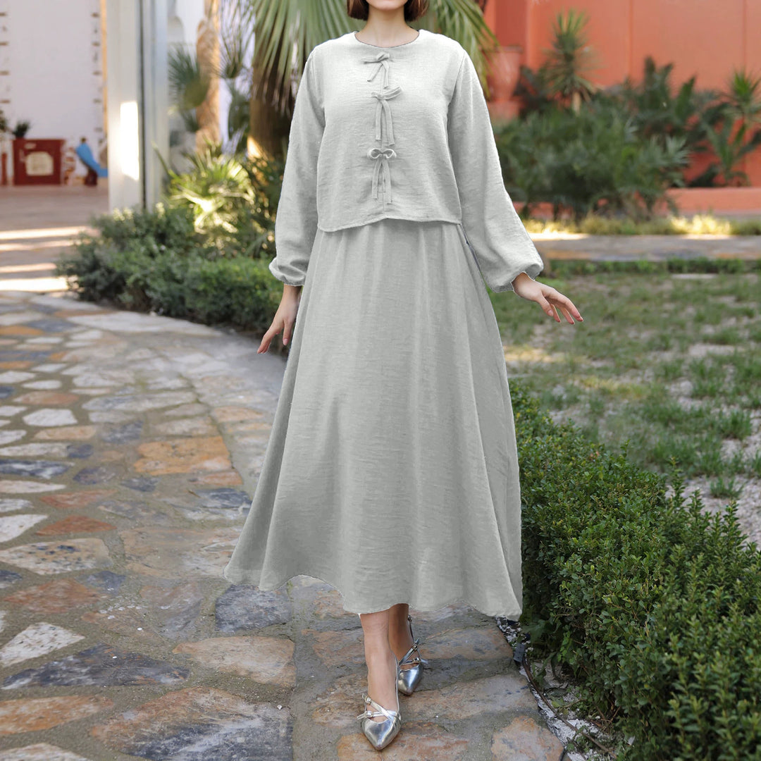 Damen Langes Zweiteiliges Maxikleid mit Überwurf, Rundhals und Zierknoten EB