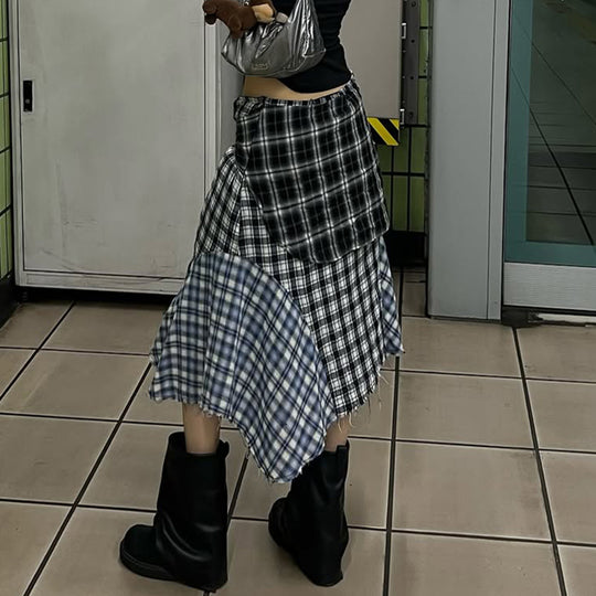 Damen asymmetrischer karierter Rock mit Bindegürtel EB