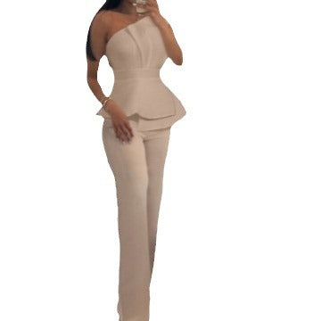 Damen elegantes One-Shoulder Top mit weit geschnittenen Hochwasserhosen EB