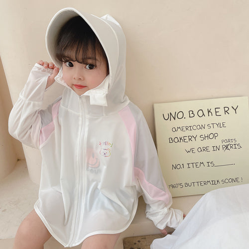 Unisex nan ultraleichte Kinder-Sonnenschutzjacke mit Kapuze, Reißverschluss, Meshfutter und Bärenstickerei  EB