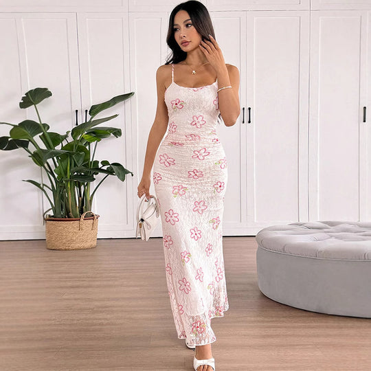 Damen Maxikleid mit floralem Spitzenmuster und verstellbaren Trägern EB