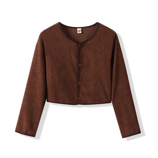 Damen Cropped Rundhals-Cardigan mit Druckknöpfen aus geripptem Strick EB