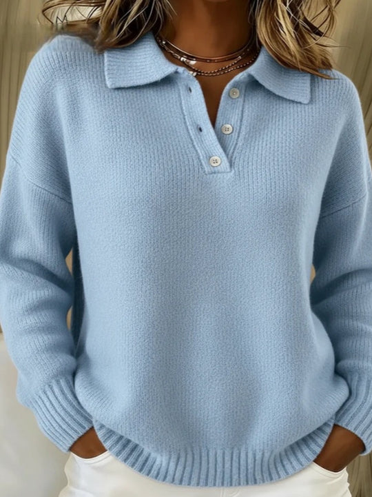 Damen nan kuscheliger Polokragenpullover mit kurzer Knopfleiste und gerippten Bündchen EB