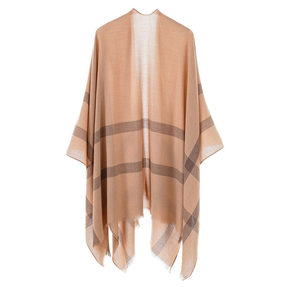 Damen Leichter V-Ausschnitt-Poncho aus feinem Gewebe mit diagonalen Kontraststreifen EB