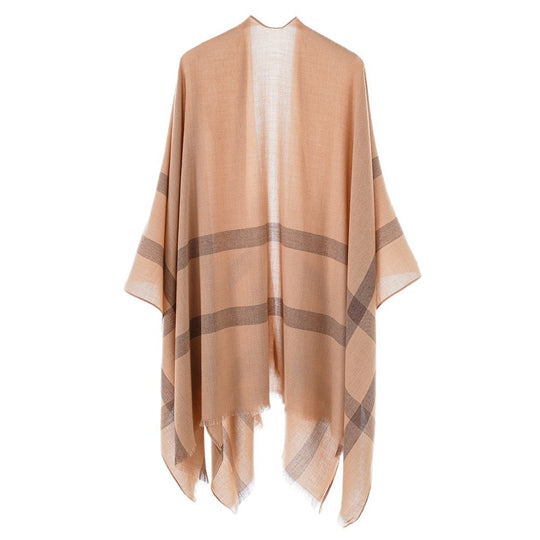 Damen Leichter V-Ausschnitt-Poncho aus feinem Gewebe mit diagonalen Kontraststreifen EB