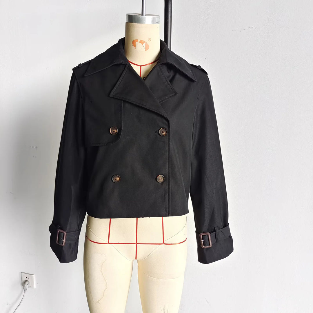 Damen cropped Trenchcoat mit doppelter Knopfleiste und verstellbaren Ärmeln EB