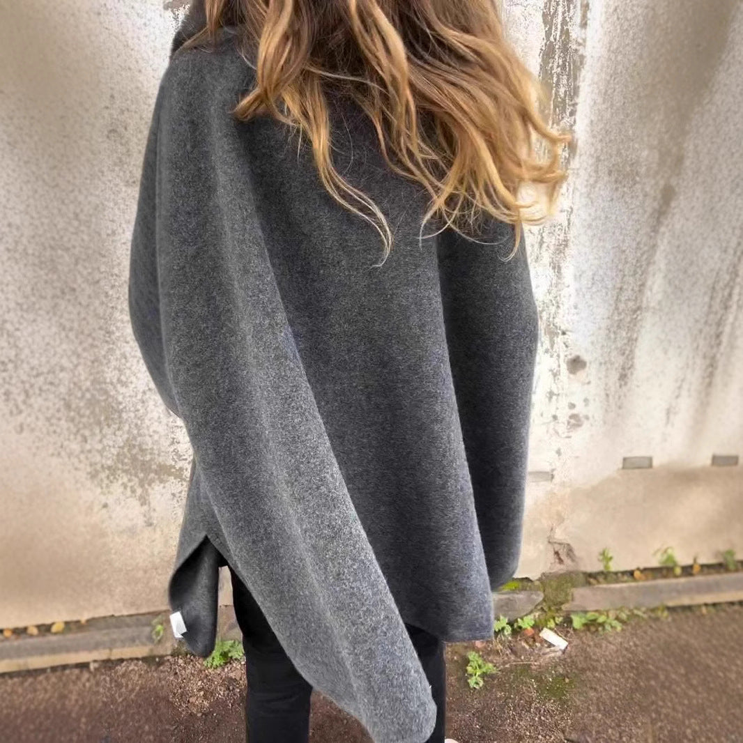 Damen Strickmantel mit luxuriösem Kunstfellkragen EB