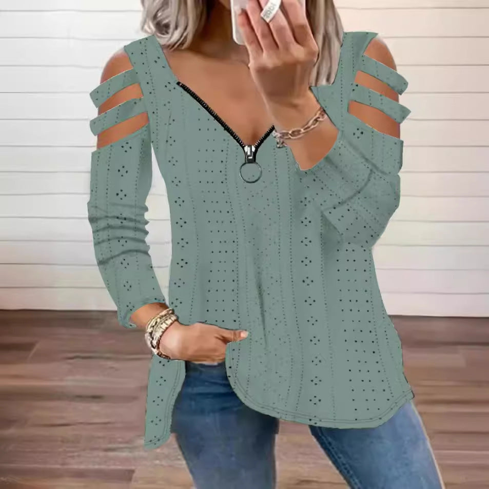 Damen modisches Oberteil mit Cut-Out-Ärmeln und tiefem V-Ausschnitt EB