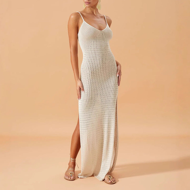 Damen Elegantes Maxikleid mit tiefem V-Ausschnitt und seitlichen Schlitzen EB