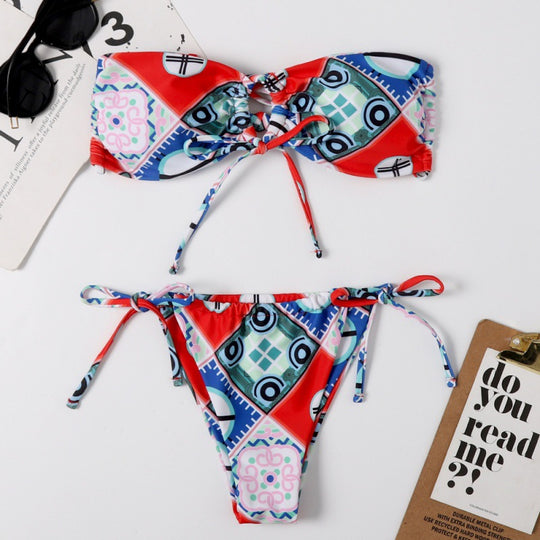Damen Bandeau-Bikini mit aufregendem Mustermix und verstellbaren Trägern EB