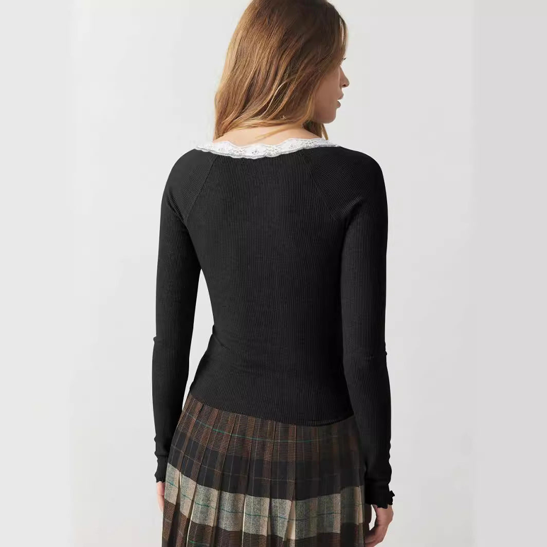 Damen Langarmshirt mit Spitzendetails und Knopfleiste EB