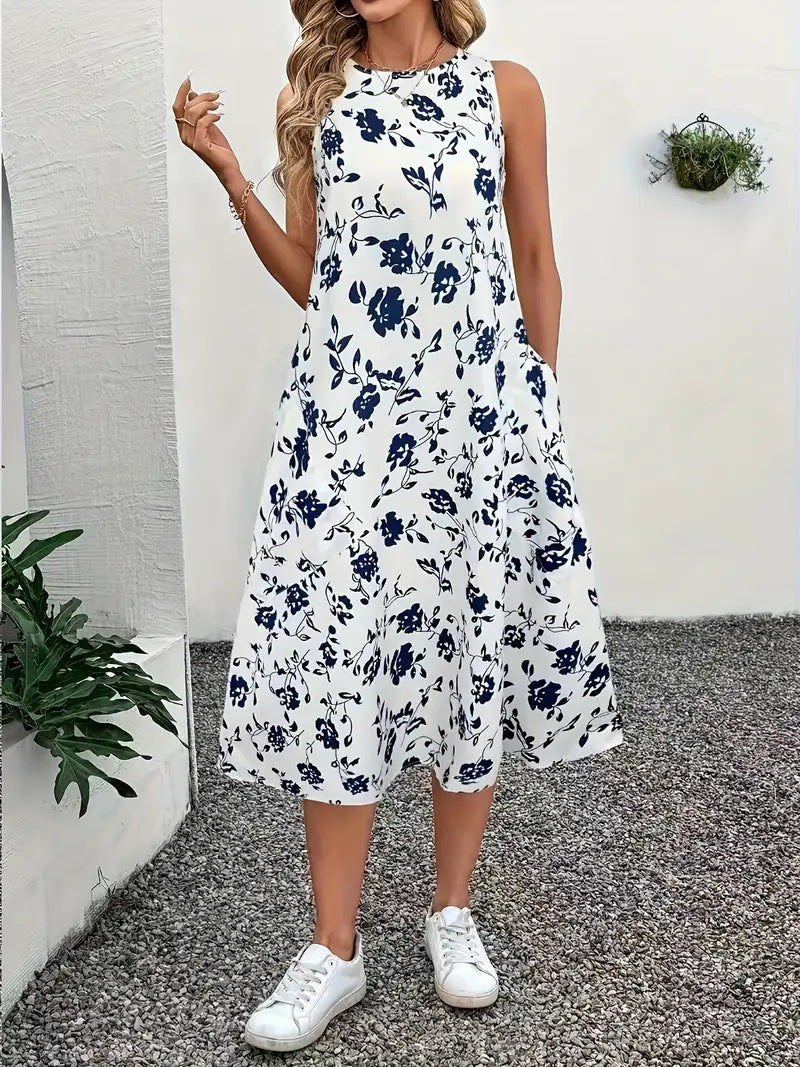 Damen Ärmelloses Maxikleid mit floralem Muster und praktischen Taschen EB