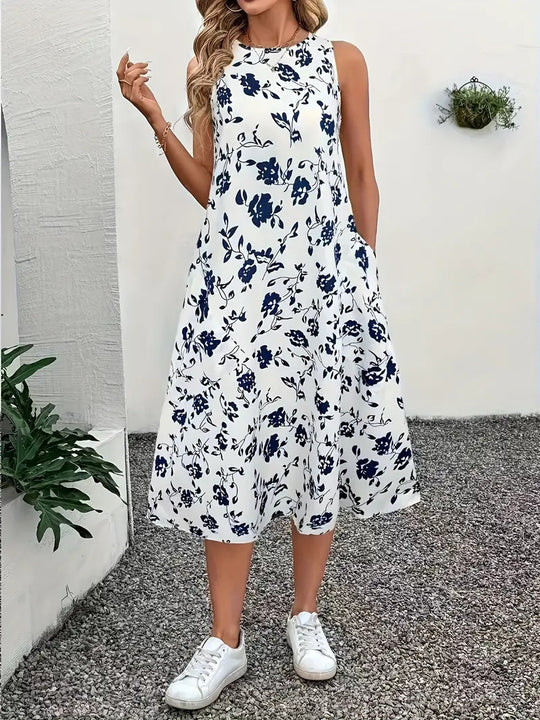 Damen Ärmelloses Maxikleid mit floralem Muster und praktischen Taschen EB